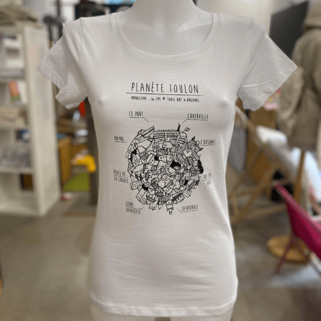 Tee shirt femme blanc "Planète Toulon" en coton bio By LMS Toulon