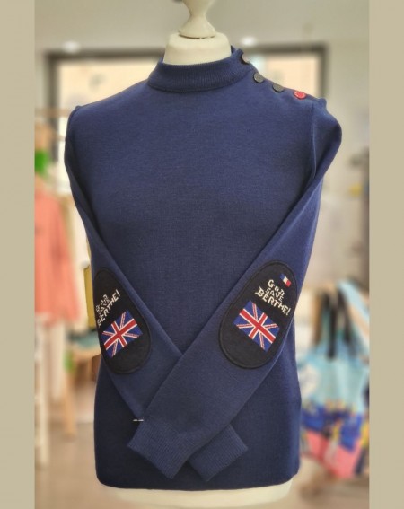 Pull marin mixte de première qualité  "God Save" en laine vierge couleur bleu royal, Collab Royal Mer et Berthe aux Grands Pieds