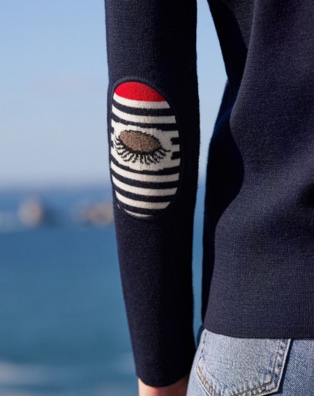 Pull marin femme de première qualité  "Oeil" en laine vierge couleur bleu marine , Collab Royal Mer et Berthe aux Grands Pieds